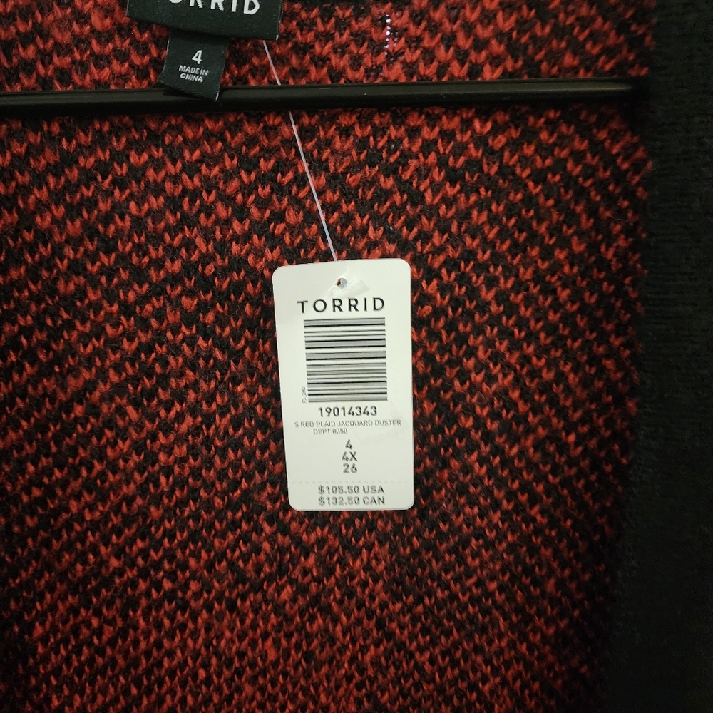 Torrid Plus Red & Black Plaid Jacquard Long Sweater Open Front Cardigan Warm - Picture 6 of 6